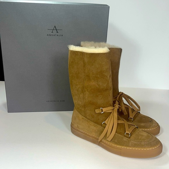 Aquatalia Valerie Luxury Suede Tan Shearling Tall Flat Boots - Picture 1 of 6